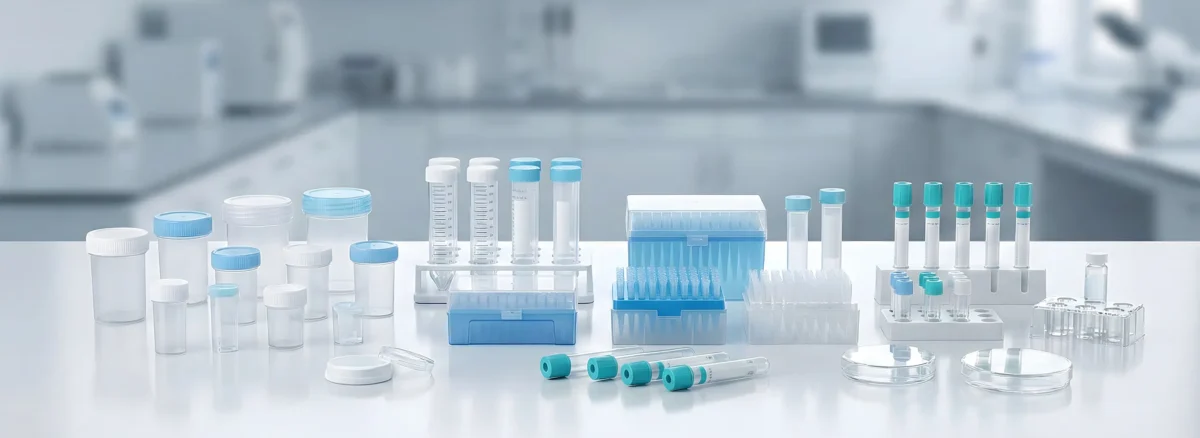 Tıbbi plastik sarf malzemeleri arasında yer alan numune kapları, laboratuvar tüpleri, pipet uçları ve steril örnek taşıma kaplarının profesyonel bir laboratuvar ortamında düzenli şekilde sergilendiği ürün görseli.