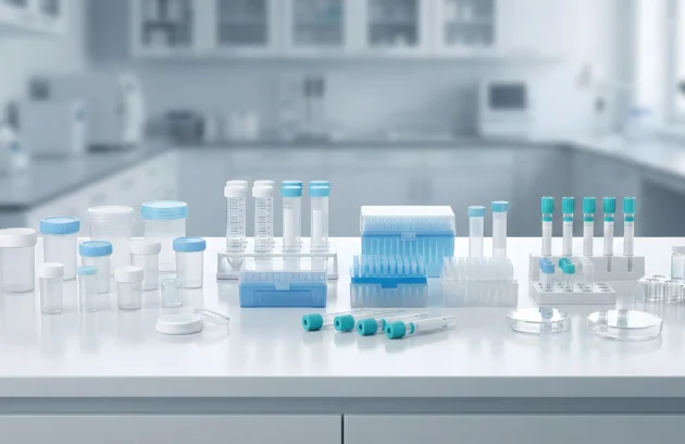 Tıbbi plastik sarf malzemeleri arasında yer alan numune kapları, laboratuvar tüpleri, pipet uçları ve steril örnek taşıma kaplarının profesyonel bir laboratuvar ortamında düzenli şekilde sergilendiği ürün görseli.