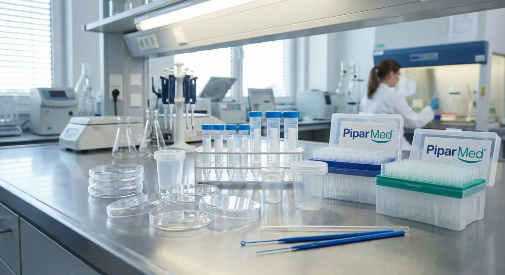 Pipar Med tarafından üretilen çeşitli steril medikal plastik sarf ürünleri ve laboratuvar malzemeleri.
